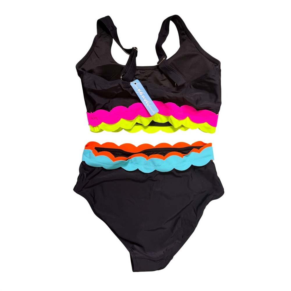 NWT Popvil Neon Scalloped Bikini Set High Waist Sporty Black Small - Picture 6 of 7